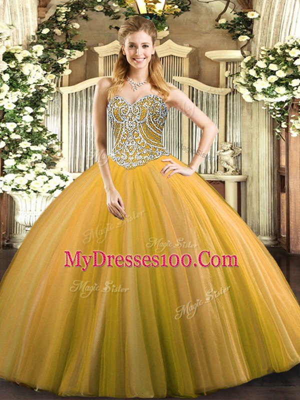 Luxurious Gold Sleeveless Tulle Lace Up Sweet 16 Quinceanera Dress for Military Ball and Sweet 16 and Quinceanera