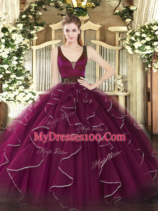 Fuchsia Quinceanera Gown Military Ball and Quinceanera with Beading and Ruffles Straps Sleeveless Zipper
