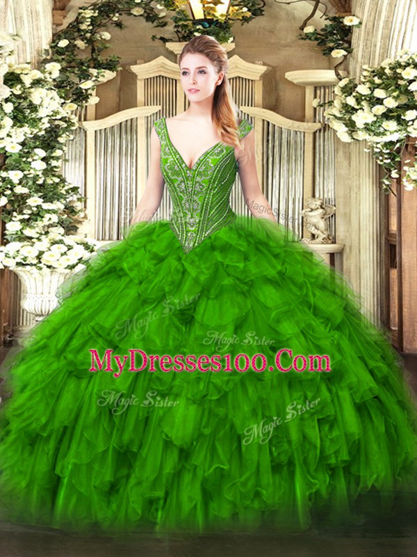 On Sale Beading and Ruffles Sweet 16 Dress Lace Up Sleeveless Floor Length