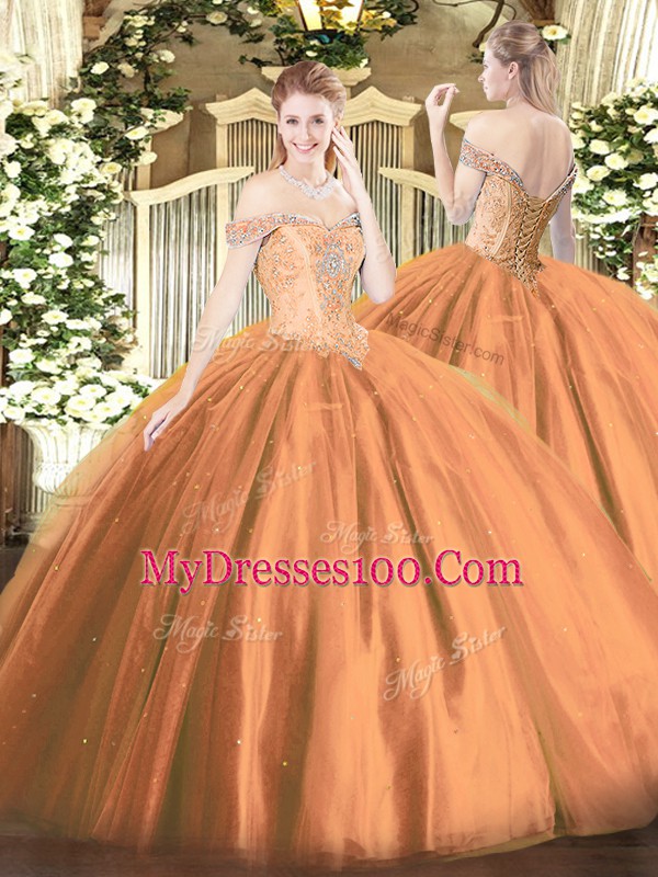 Affordable Rust Red Ball Gowns Off The Shoulder Sleeveless Tulle Floor Length Lace Up Beading Quinceanera Gown