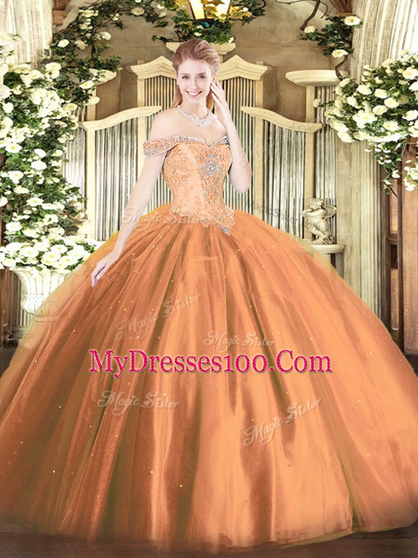 Affordable Rust Red Ball Gowns Off The Shoulder Sleeveless Tulle Floor Length Lace Up Beading Quinceanera Gown