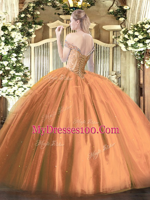 Affordable Rust Red Ball Gowns Off The Shoulder Sleeveless Tulle Floor Length Lace Up Beading Quinceanera Gown