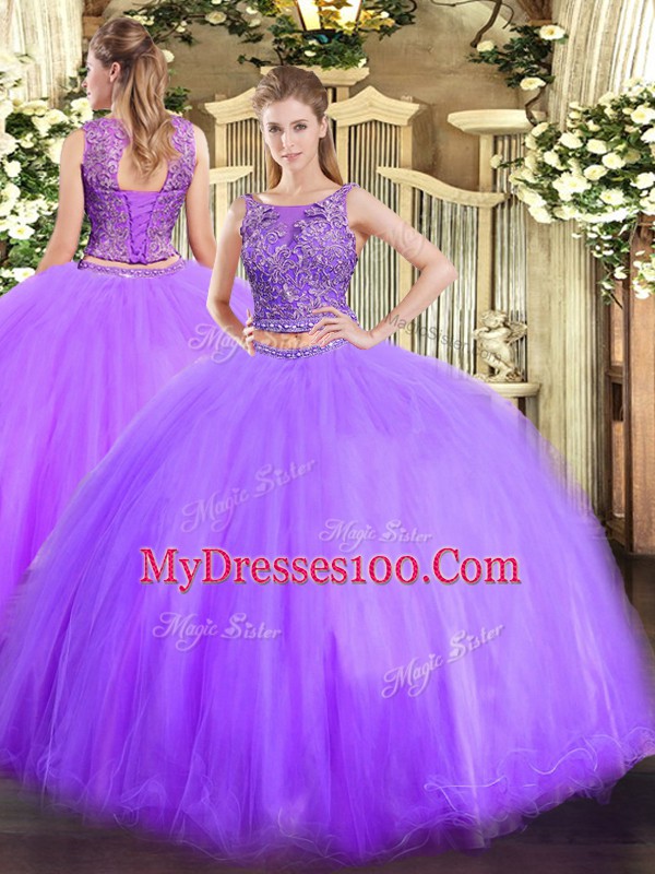 Fashionable Two Pieces 15 Quinceanera Dress Lavender Scoop Tulle Sleeveless Floor Length Lace Up