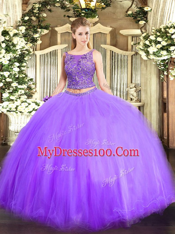 Fashionable Two Pieces 15 Quinceanera Dress Lavender Scoop Tulle Sleeveless Floor Length Lace Up