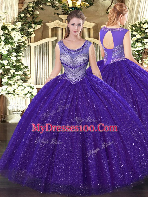 Fine Floor Length Lace Up Sweet 16 Dresses Purple for Sweet 16 and Quinceanera with Beading