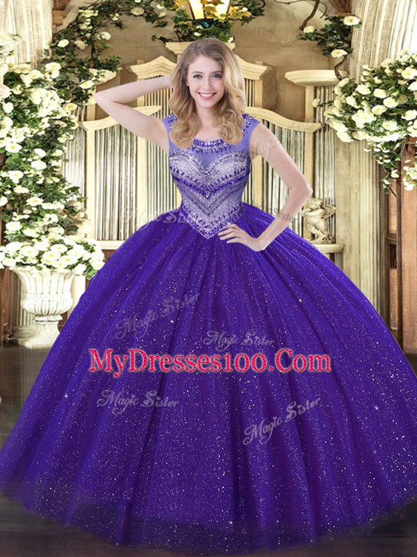 Fine Floor Length Lace Up Sweet 16 Dresses Purple for Sweet 16 and Quinceanera with Beading