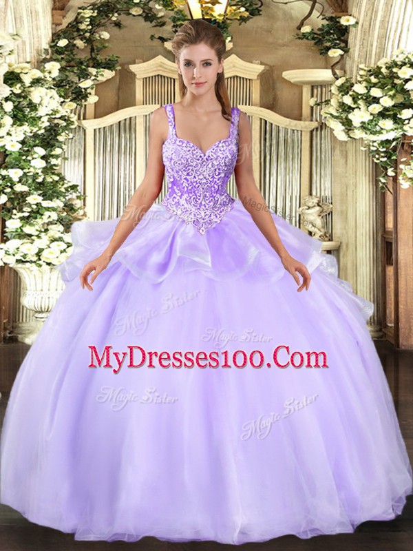 Ball Gowns Quinceanera Dress Lavender Straps Organza Sleeveless Floor Length Lace Up