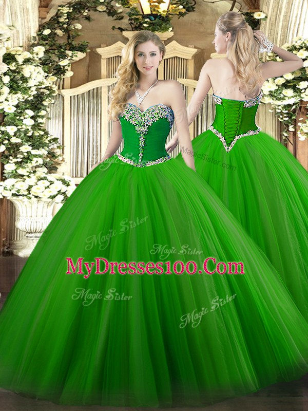 Comfortable Green Sleeveless Beading Floor Length Vestidos de Quinceanera