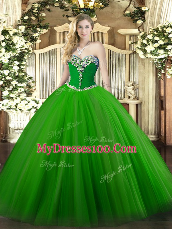 Comfortable Green Sleeveless Beading Floor Length Vestidos de Quinceanera