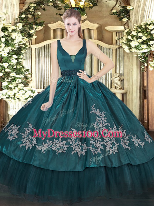 Sleeveless Floor Length Beading and Embroidery Zipper Quinceanera Gown with Teal