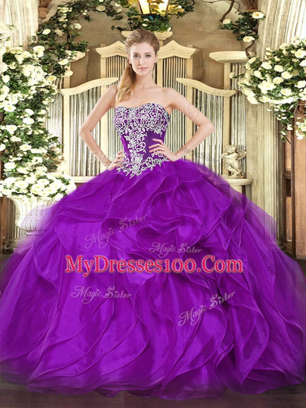 Strapless Sleeveless Organza Quinceanera Dresses Beading and Ruffles Lace Up