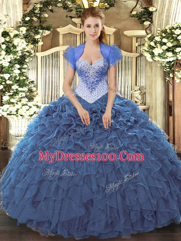 Best Organza Sleeveless Floor Length Quince Ball Gowns and Beading and Ruffles