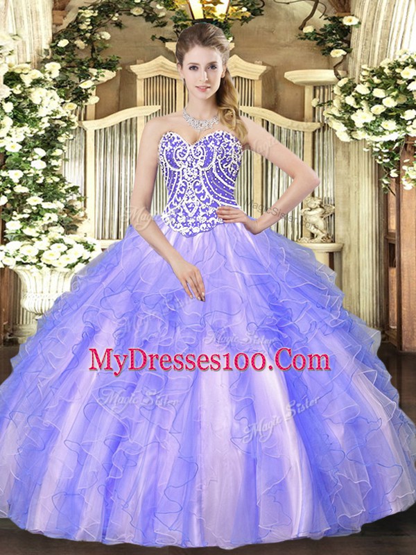 Lavender Tulle Lace Up Sweetheart Sleeveless High Low Quince Ball Gowns Beading and Ruffles