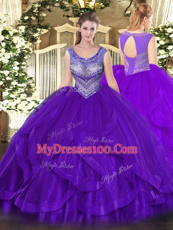 Cheap Scoop Sleeveless Sweet 16 Dress Floor Length Beading and Ruffles Eggplant Purple Organza