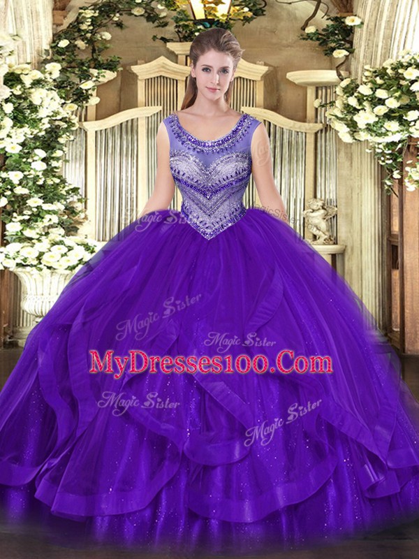 Cheap Scoop Sleeveless Sweet 16 Dress Floor Length Beading and Ruffles Eggplant Purple Organza