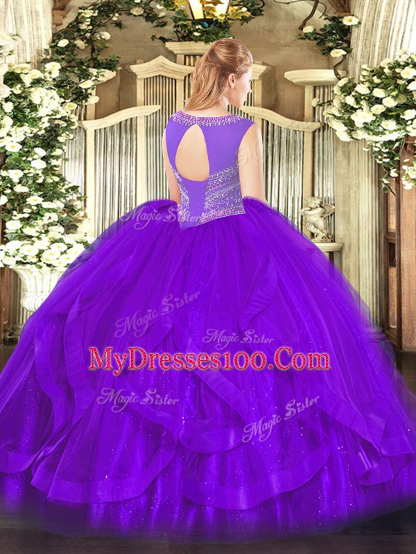 Cheap Scoop Sleeveless Sweet 16 Dress Floor Length Beading and Ruffles Eggplant Purple Organza