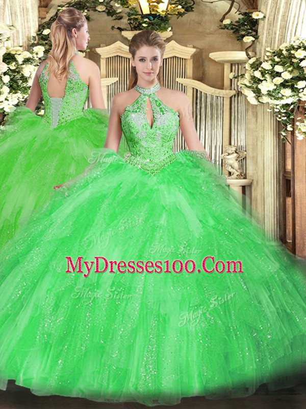Charming Sweet 16 Dresses Military Ball and Sweet 16 and Quinceanera with Beading and Ruffles Halter Top Sleeveless Lace Up