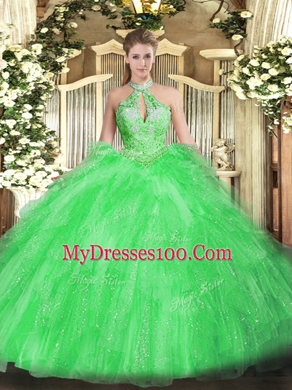 Charming Sweet 16 Dresses Military Ball and Sweet 16 and Quinceanera with Beading and Ruffles Halter Top Sleeveless Lace Up