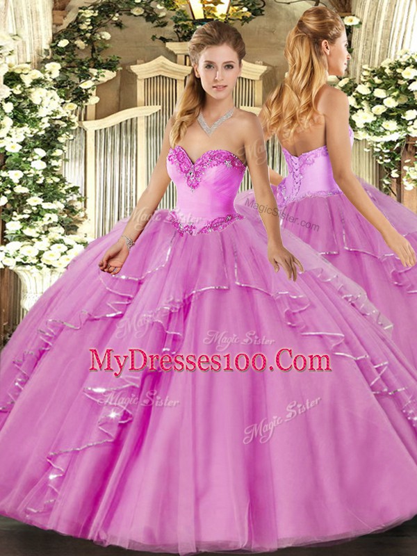 Modern Sweetheart Sleeveless Vestidos de Quinceanera Floor Length Beading and Ruffles Lilac Tulle