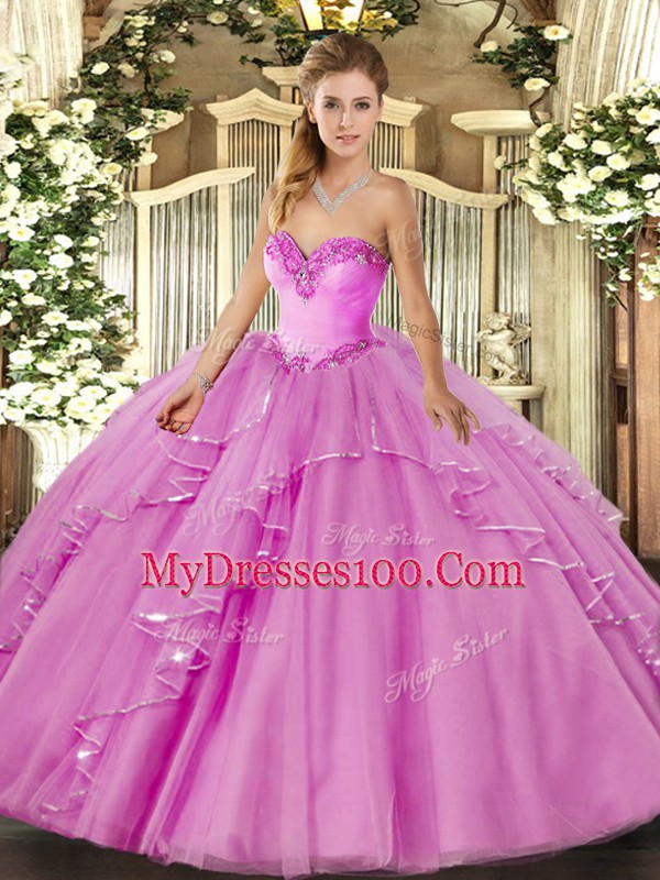 Modern Sweetheart Sleeveless Vestidos de Quinceanera Floor Length Beading and Ruffles Lilac Tulle