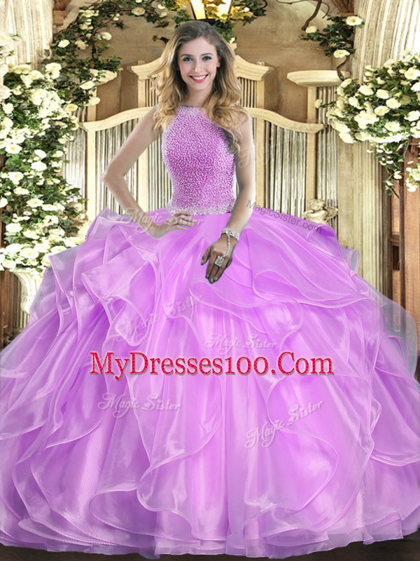Sleeveless Organza Floor Length Lace Up 15 Quinceanera Dress in Lilac with Beading and Ruffles