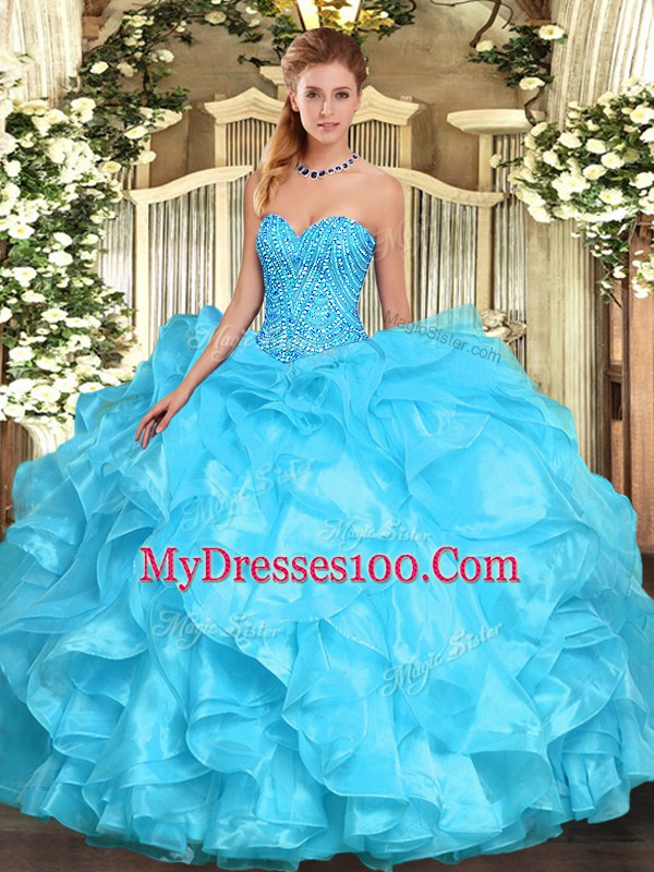Aqua Blue Organza Lace Up 15th Birthday Dress Sleeveless Floor Length Beading and Ruffles