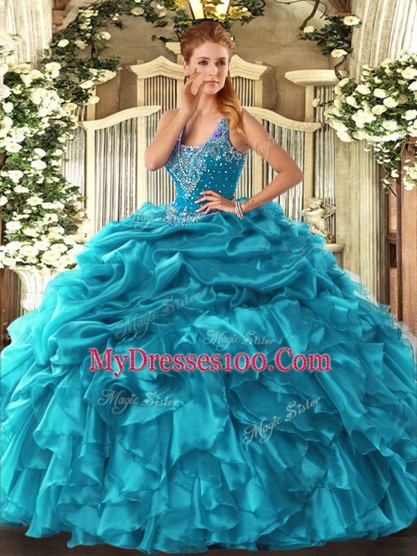 Floor Length Teal Quince Ball Gowns Organza Sleeveless Beading and Ruffles and Pick Ups