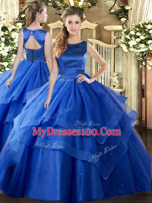 Amazing Blue Sleeveless Ruffled Layers Floor Length 15 Quinceanera Dress