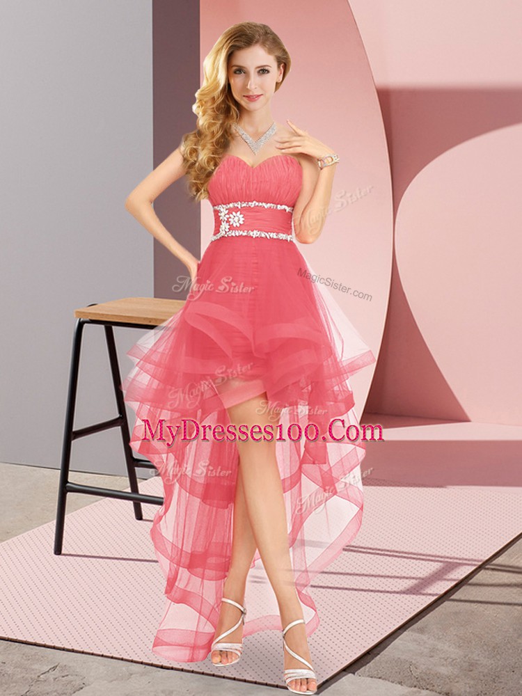 Amazing Coral Red Sleeveless Tulle Lace Up Prom Dresses for Prom and Party