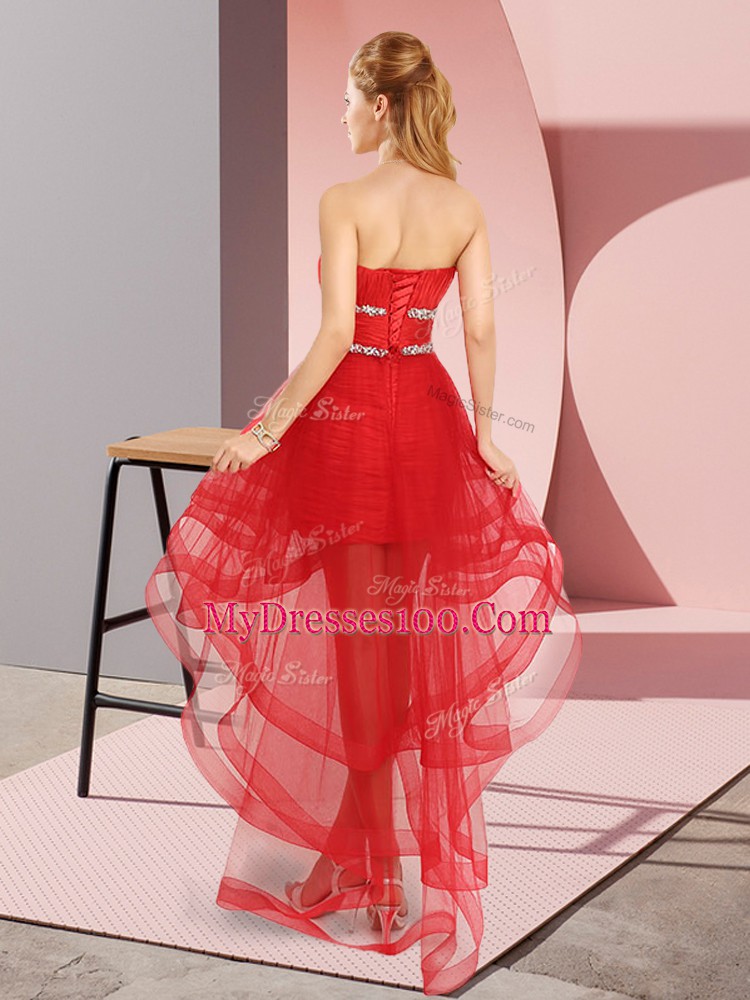 Amazing Coral Red Sleeveless Tulle Lace Up Prom Dresses for Prom and Party
