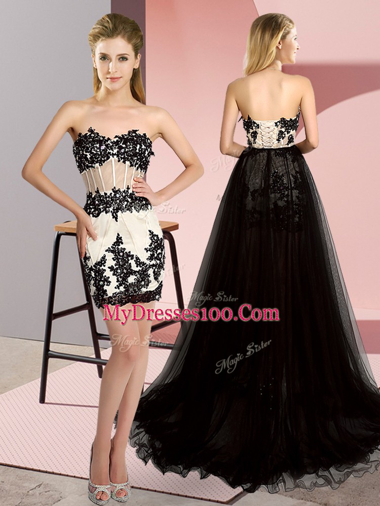 Sleeveless Tulle High Low Sweep Train Lace Up Prom Gown in White And Black with Embroidery