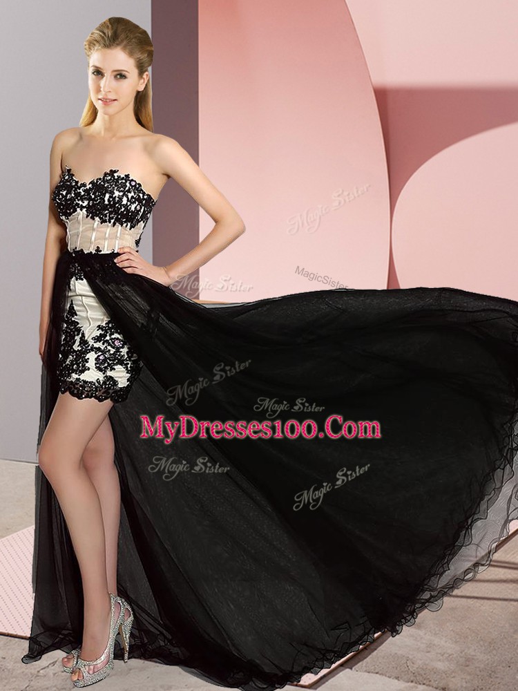 Sleeveless Tulle High Low Sweep Train Lace Up Prom Gown in White And Black with Embroidery