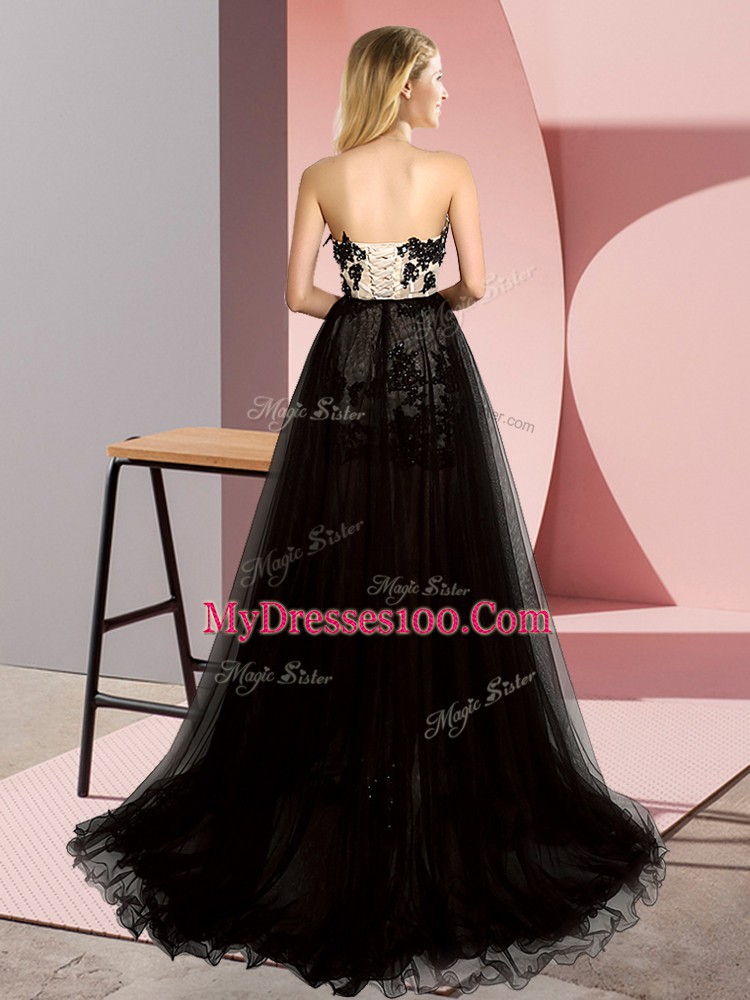 Sleeveless Tulle High Low Sweep Train Lace Up Prom Gown in White And Black with Embroidery