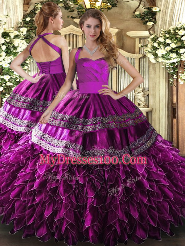 Satin and Organza Halter Top Sleeveless Lace Up Embroidery and Ruffles Quinceanera Gowns in Fuchsia