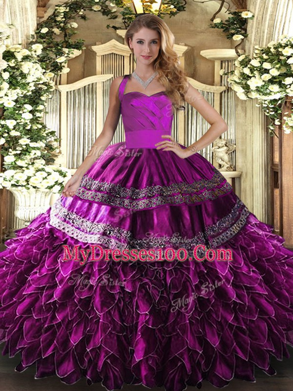Satin and Organza Halter Top Sleeveless Lace Up Embroidery and Ruffles Quinceanera Gowns in Fuchsia