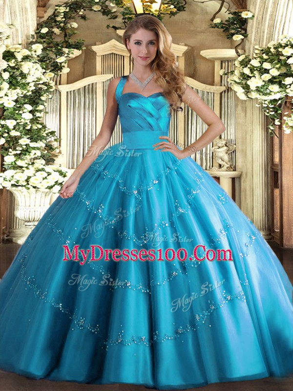 Low Price Floor Length Lace Up Vestidos de Quinceanera Baby Blue for Military Ball and Sweet 16 and Quinceanera with Appliques