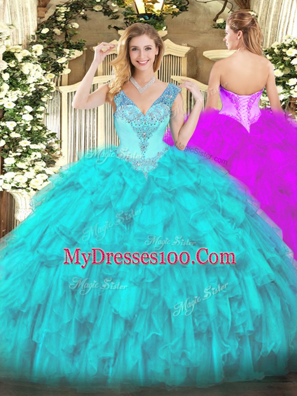 Fantastic V-neck Sleeveless Organza Sweet 16 Dresses Beading and Ruffles Lace Up