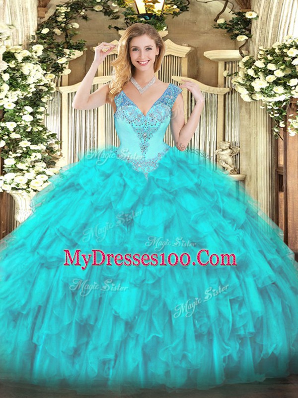 Fantastic V-neck Sleeveless Organza Sweet 16 Dresses Beading and Ruffles Lace Up
