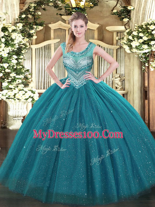 Fantastic Teal Sleeveless Tulle and Sequined Lace Up Sweet 16 Dresses for Sweet 16 and Quinceanera