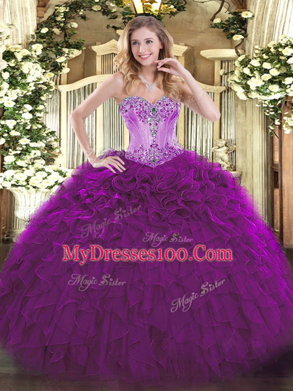 Floor Length Ball Gowns Sleeveless Eggplant Purple 15th Birthday Dress Lace Up