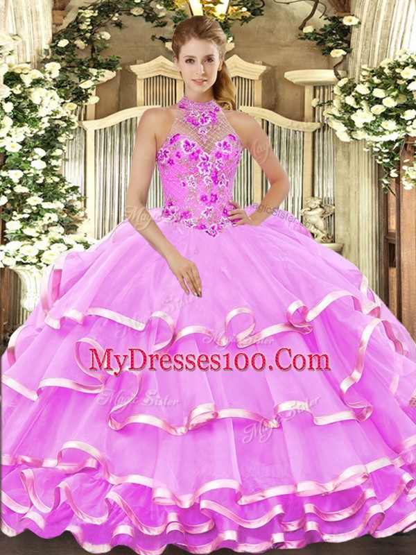 Sophisticated Halter Top Sleeveless Lace Up Ball Gown Prom Dress Lilac Organza
