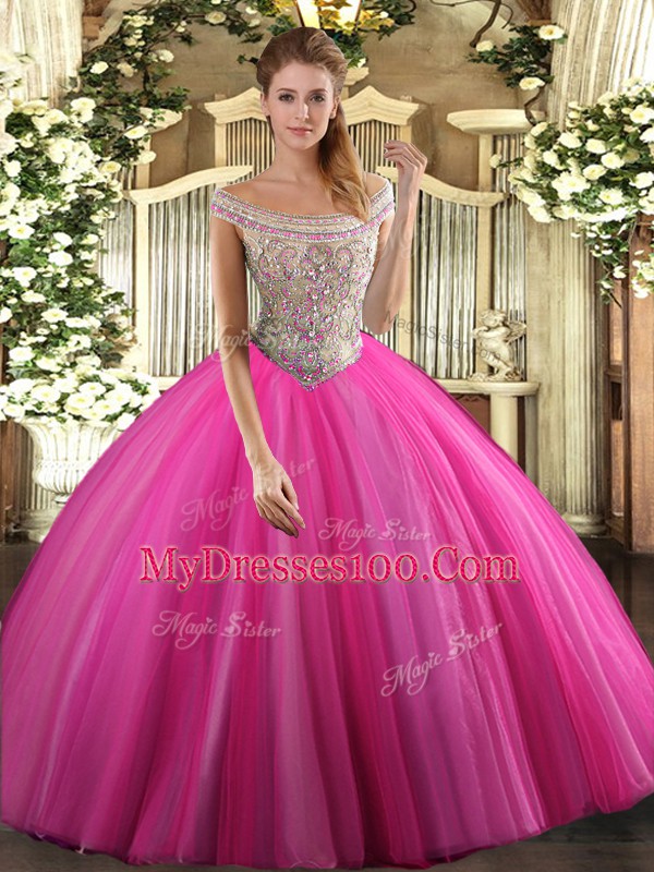 Wonderful Beading Quince Ball Gowns Hot Pink Lace Up Sleeveless Floor Length