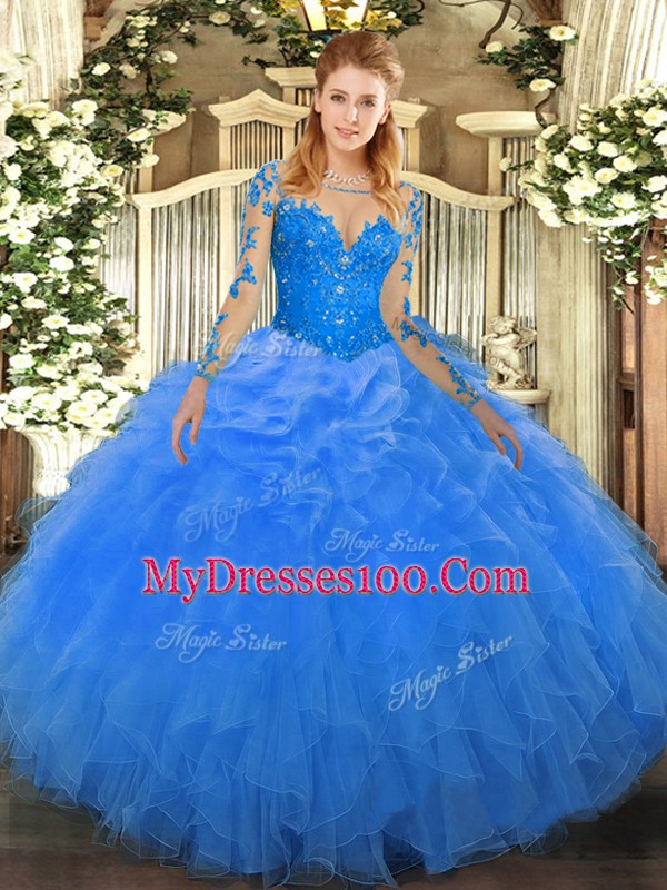 Scoop Long Sleeves Lace Up 15th Birthday Dress Blue Organza