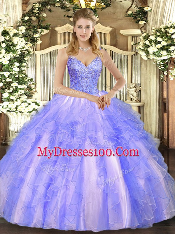 Super Ball Gowns Ball Gown Prom Dress Lavender V-neck Tulle Sleeveless Floor Length Lace Up