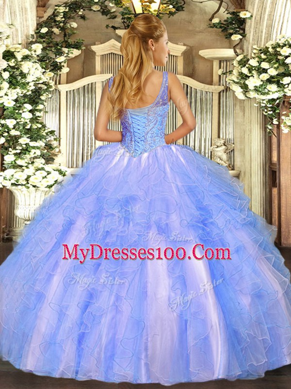 Super Ball Gowns Ball Gown Prom Dress Lavender V-neck Tulle Sleeveless Floor Length Lace Up