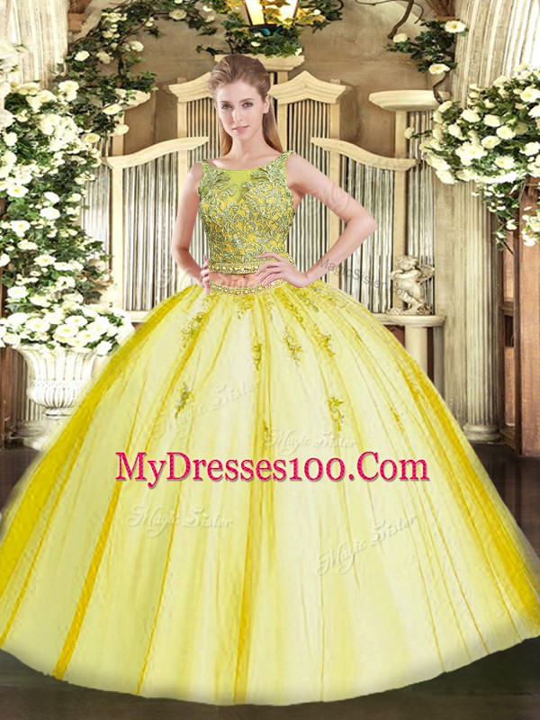 Beading and Appliques Sweet 16 Dresses Yellow Lace Up Sleeveless Floor Length
