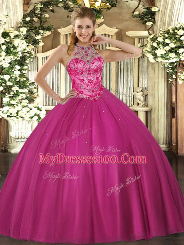 Noble Floor Length Ball Gowns Sleeveless Hot Pink Ball Gown Prom Dress Lace Up