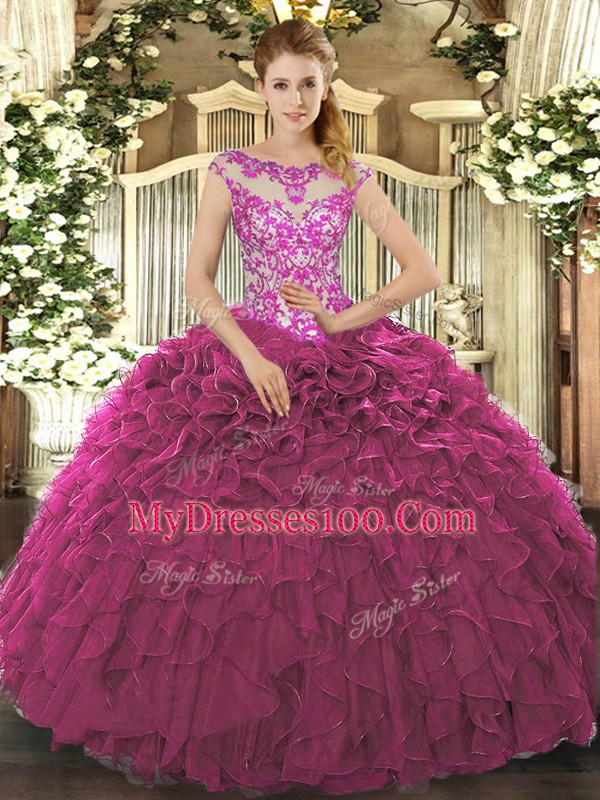 Fuchsia Organza Lace Up Scoop Cap Sleeves Floor Length Quinceanera Gown Beading and Appliques and Ruffles