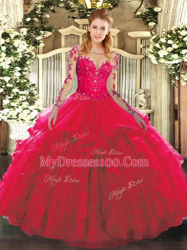 Long Sleeves Floor Length Lace and Ruffles Lace Up Quinceanera Gown with Red
