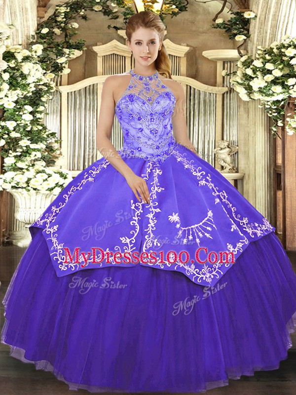 Attractive Purple Ball Gowns Halter Top Sleeveless Satin and Tulle Floor Length Lace Up Beading and Embroidery Quinceanera Dress